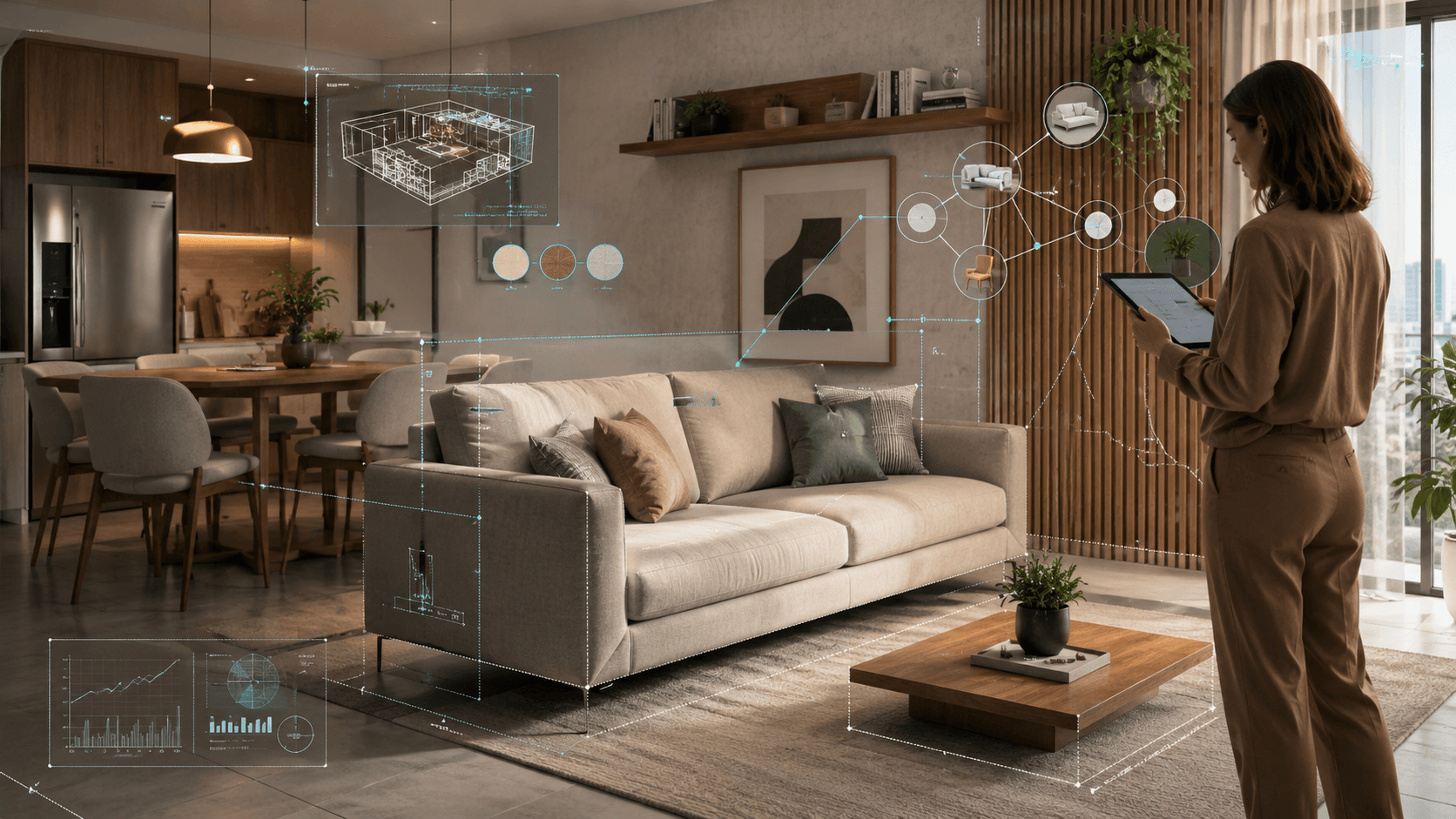 Inteligência artificial no setor moveleiro analisando móveis e ambientes residenciais